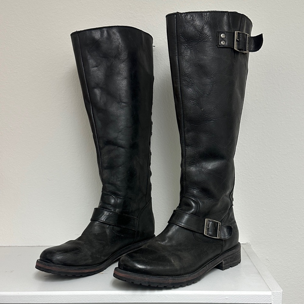 Harley-Davidson Black Leather Knee-High Boots with Buckles